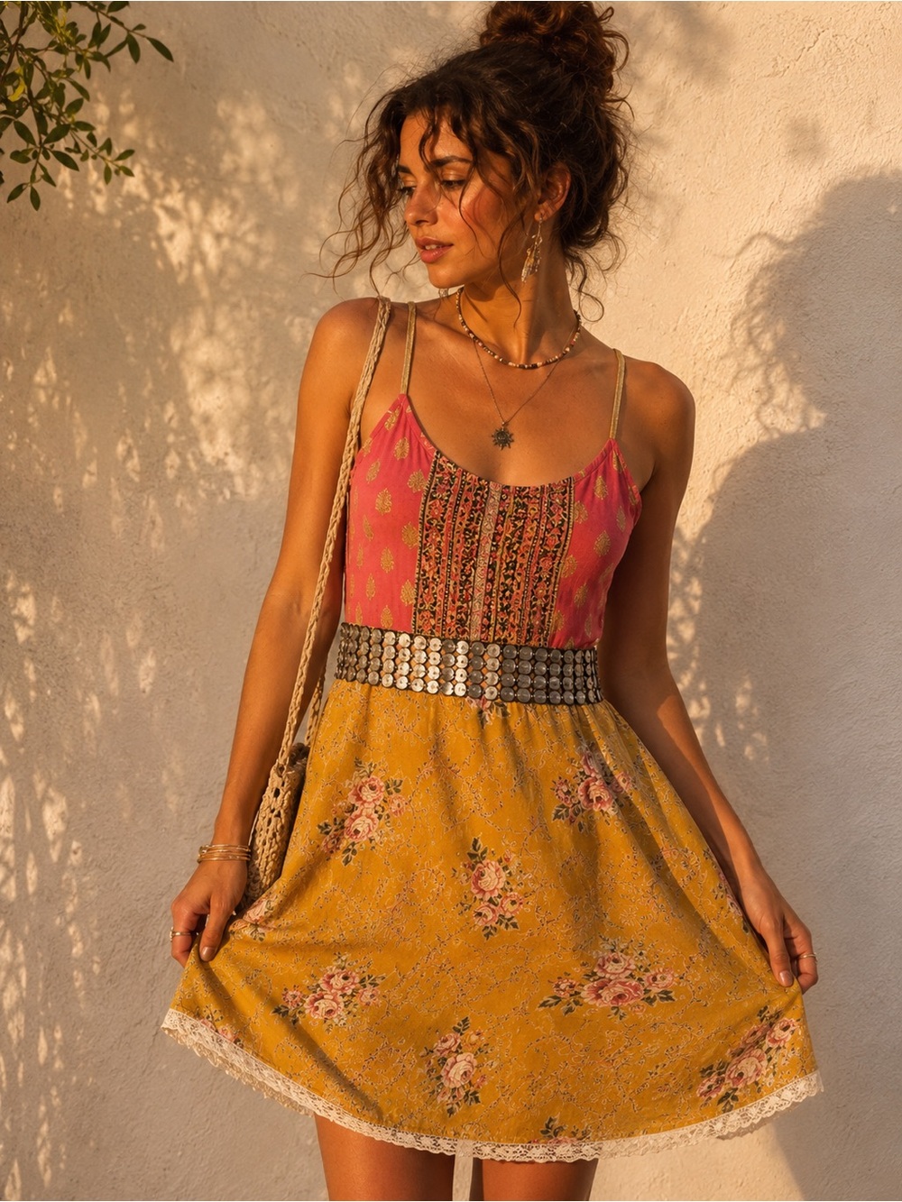 Free People Patchwork Boho Fairy Mini Dress Festival Cottagecore Size 8